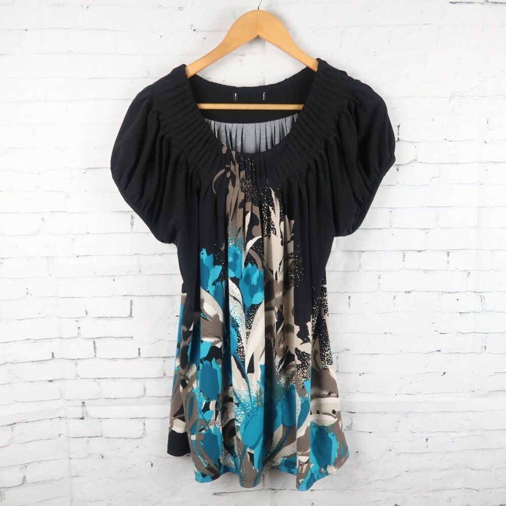 BLACK WITH BROWN & TEAL ABSTRACT FLORAL DESIGN SHORT SLEEVE ROUND NECK TUNIC